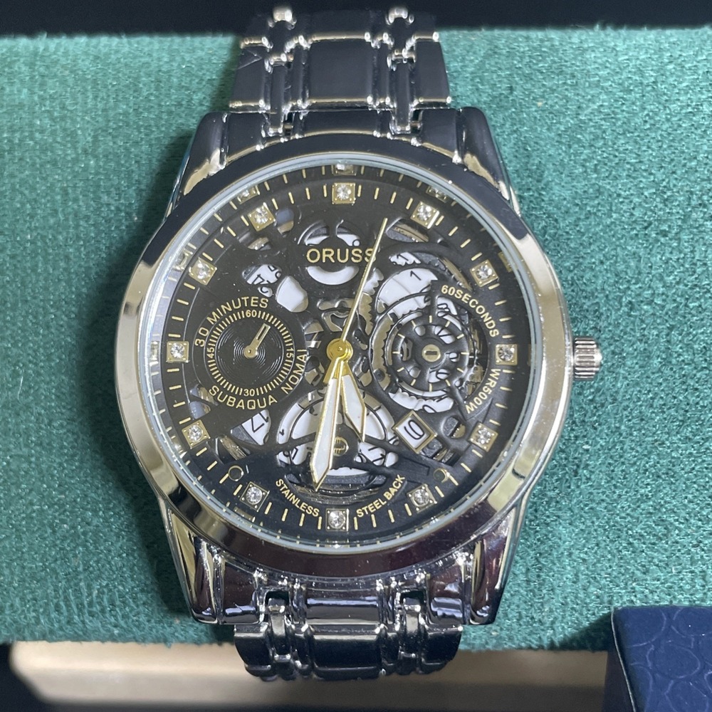 ORUSS 1853 Men's Multifunction Watch Black Gold Dial Bracelet Box Working